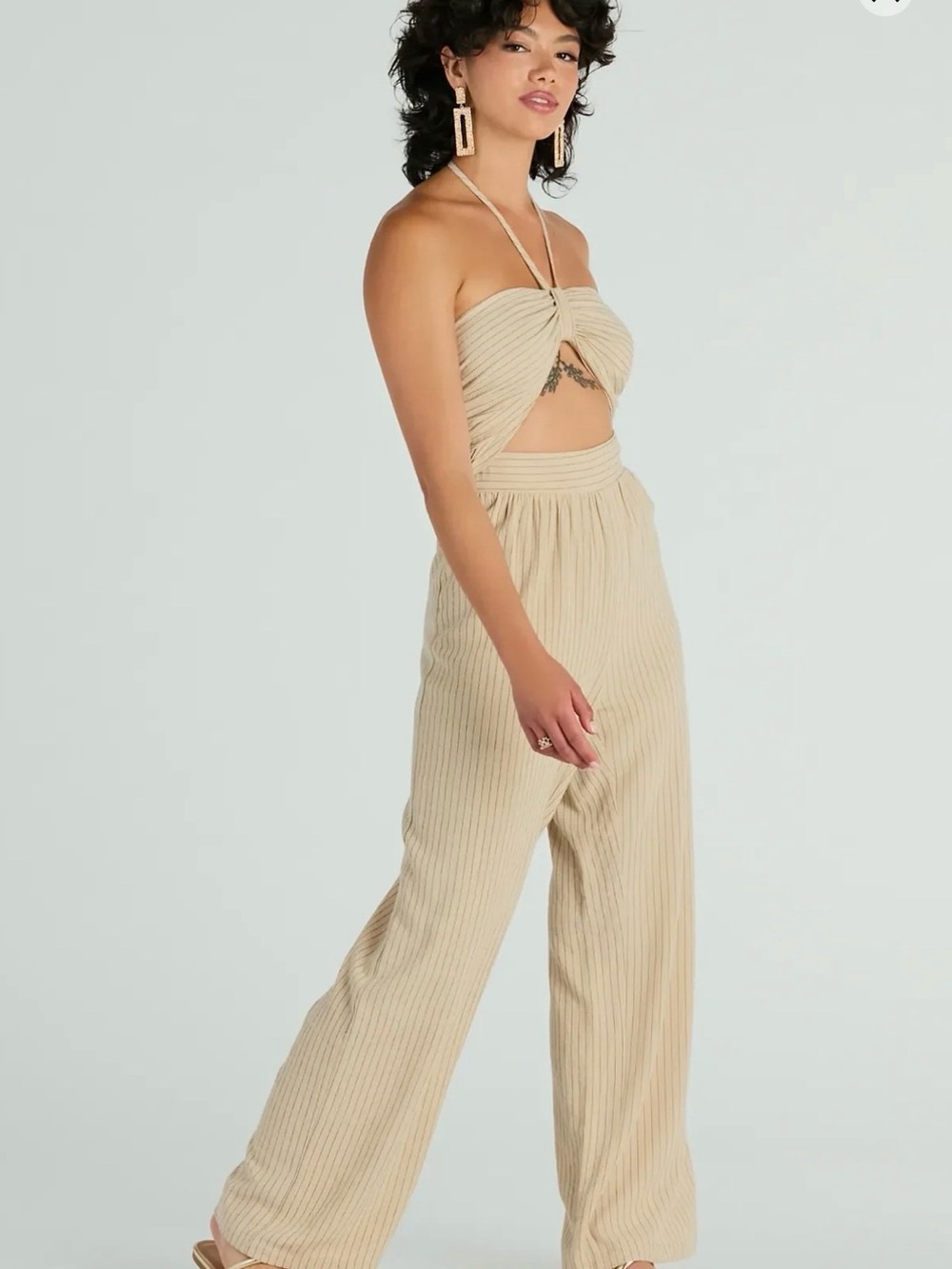 Windsor Beige Halter Cutout Wide-Leg Jumpsuit